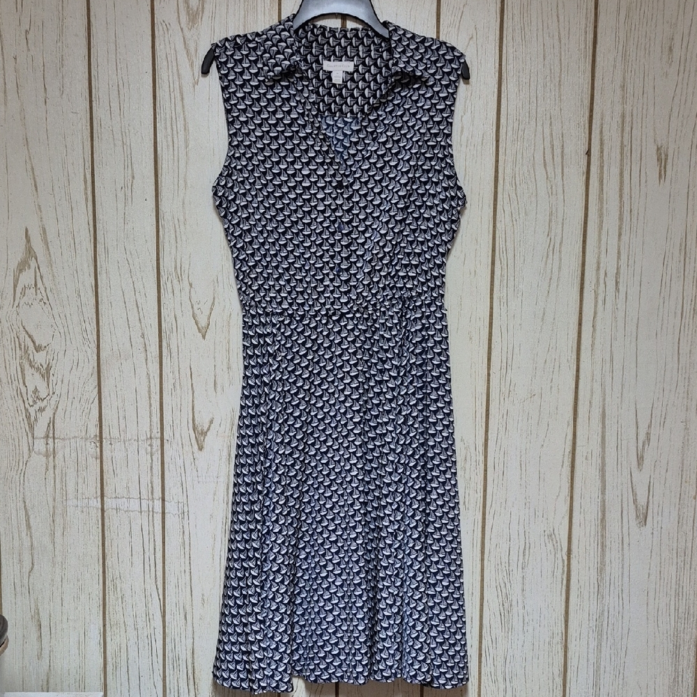 Navy White Sleeveless Sailboat Print Midi Dress Notched Collar Button Front 14